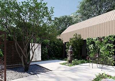Asian influenced courtyard garden with lap pool