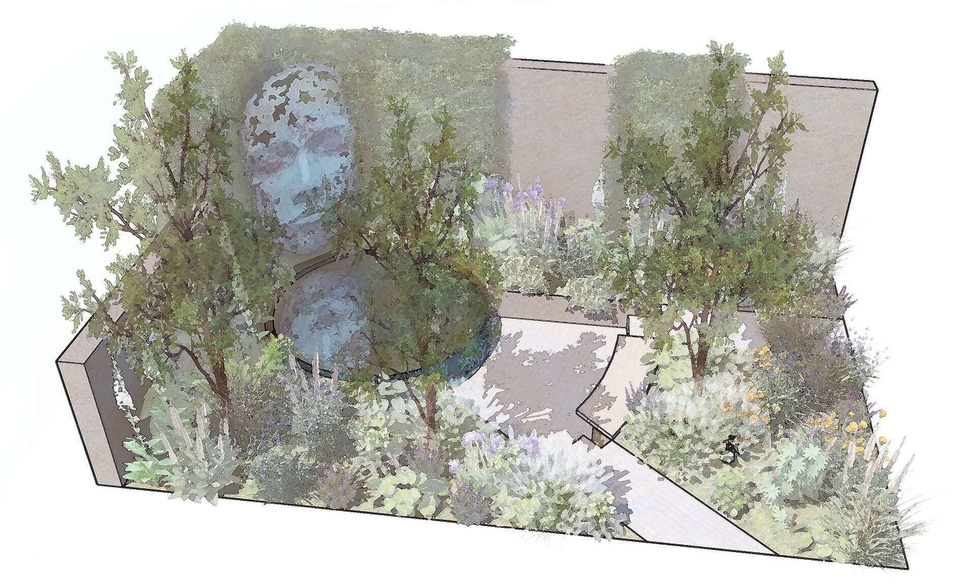 Show garden at RHS Chatsworth showing sculpture